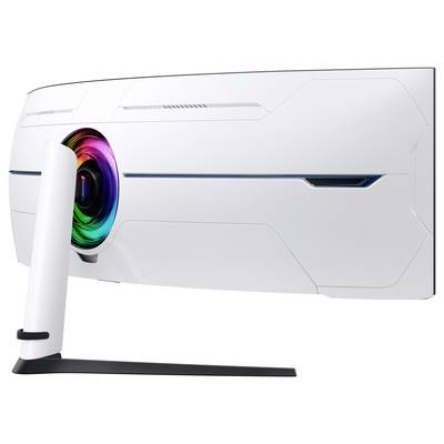 Un monitor da gaming curvo bianco, visto da dietro, con un cerchio luminoso multicolore al centro.