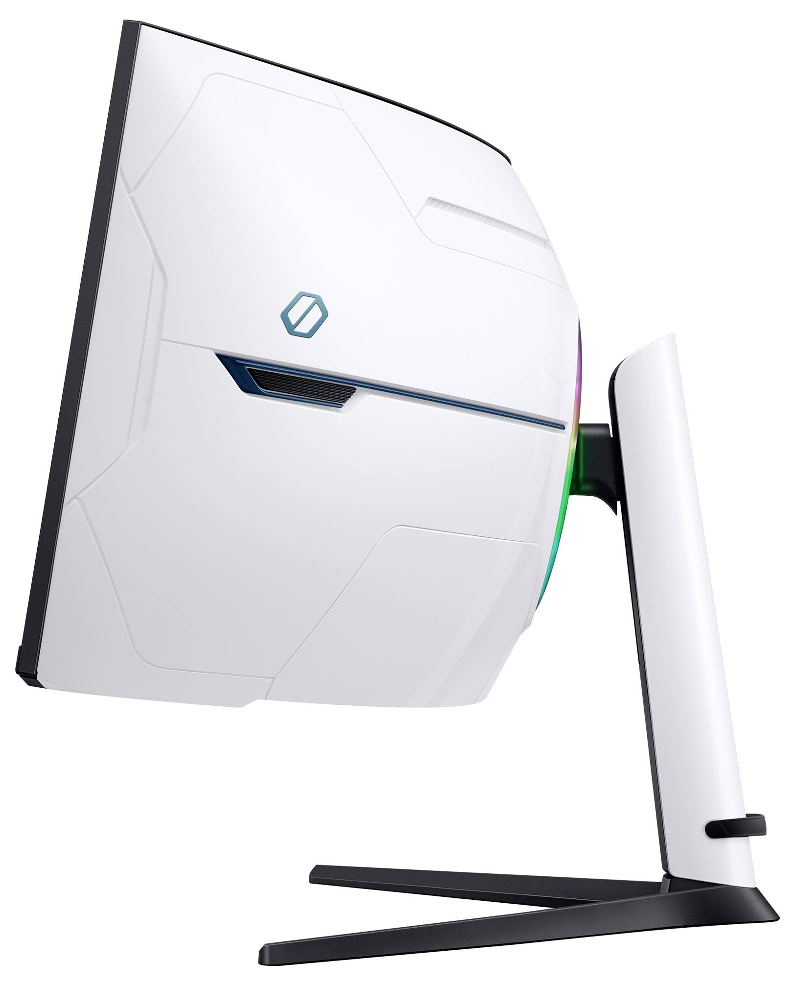 Vista laterale di un monitor computer moderno con involucro bianco e base nera leggermente inclinata all'indietro.