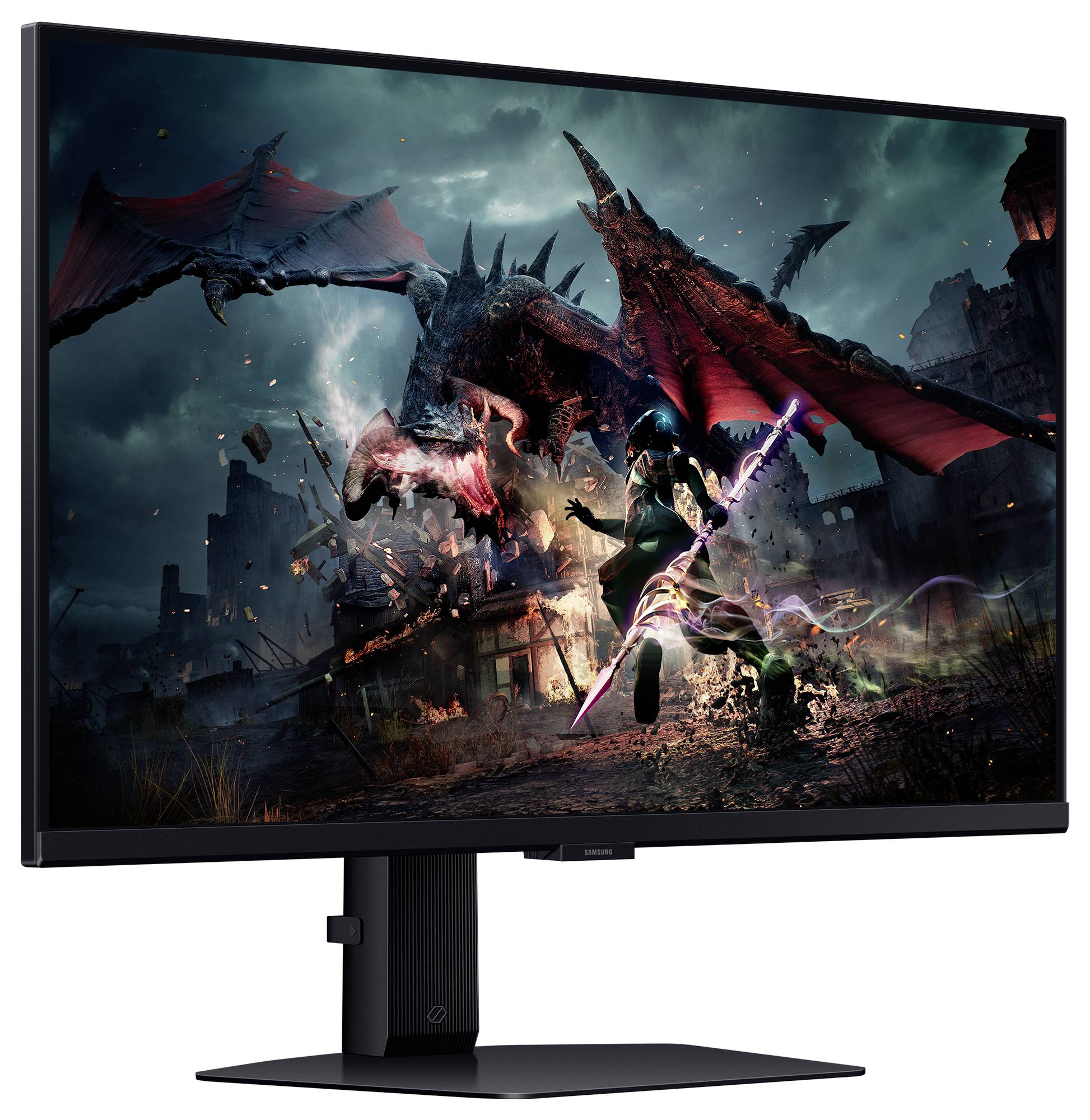 Un grande schermo del computer mostra un videogioco dinamico in cui un guerriero combatte contro un drago in una città distrutta.