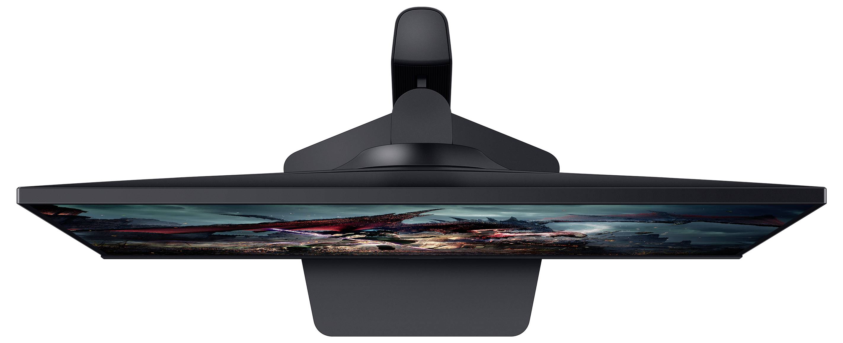 Un monitor nero per computer visto dall'alto, che mostra un design astratto e colorato sullo schermo.