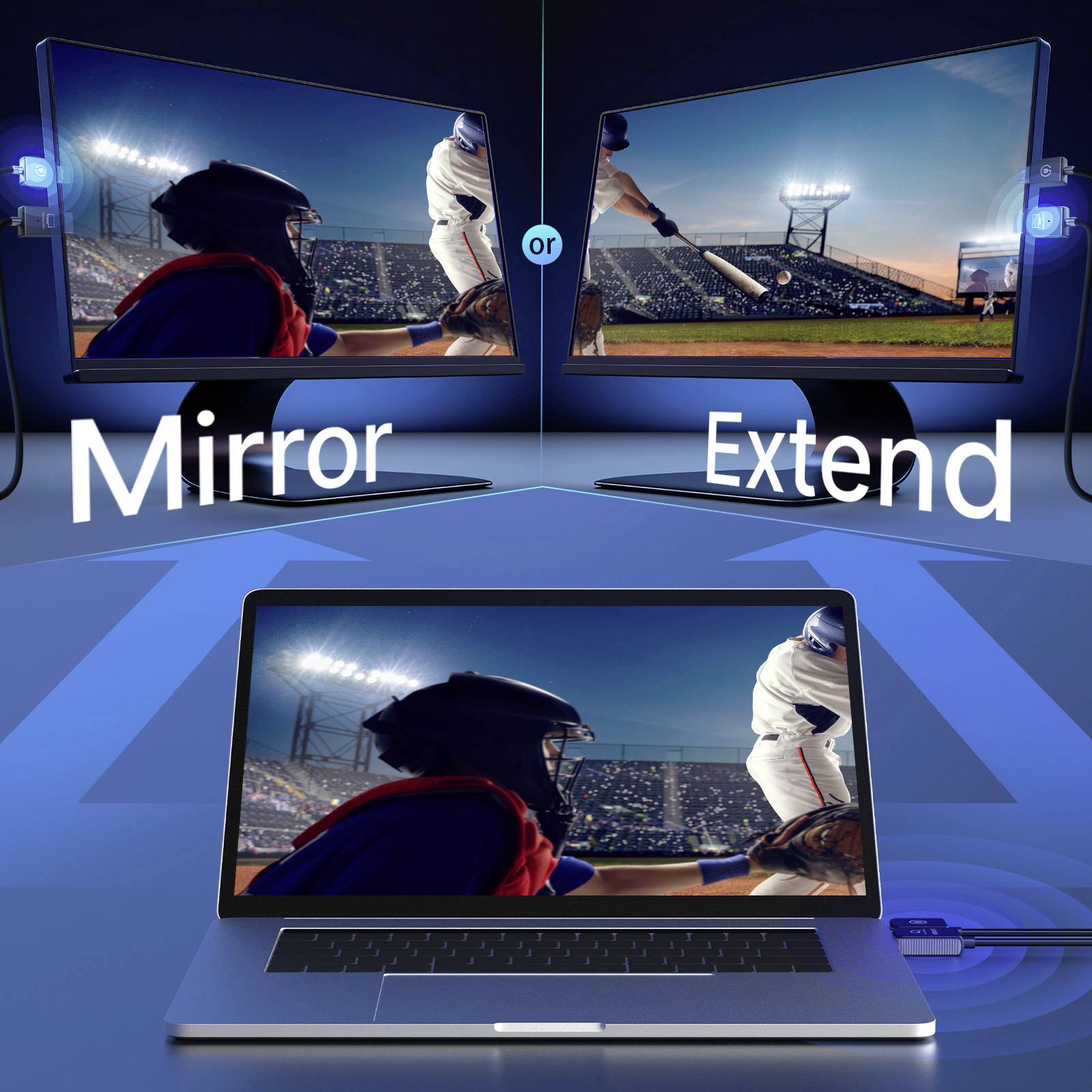 Laptop mostra una partita di baseball, collegato a due schermi. Uno riflette il display del laptop, l'altro lo estende. Testo: 'Rifletti' e 'Estendi'.