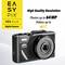 Fotocamera digitale 'Easypix V64 Flip' con risoluzione foto da 64 MP, registrazione video 4K e obiettivo zoom digitale, grafica pubblicitaria.