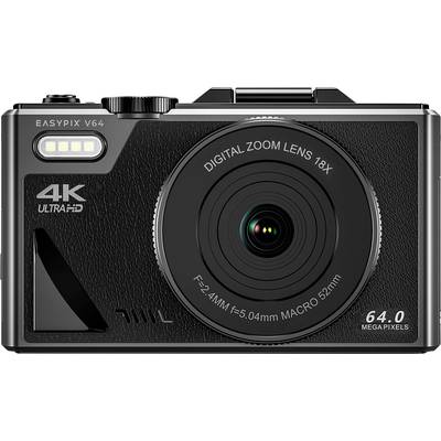 Fotocamera digitale con obiettivo zoom 18x, 64 megapixel e risoluzione 4K. Nome del produttore e numero di modello visibili sulla parte superiore.
