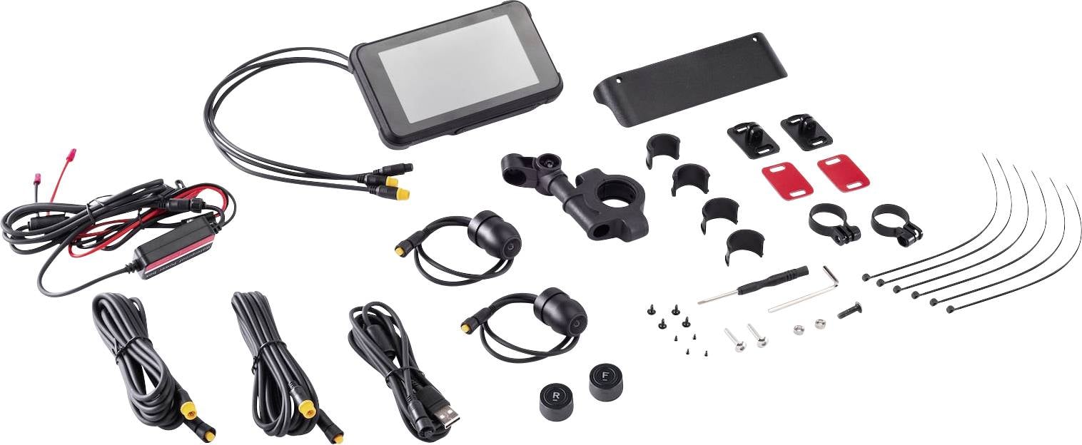 Un set di navigazione per bicicletta con display, supporti, cavi e viti per essere fissato al manubrio. Include anche fascette per cavi.