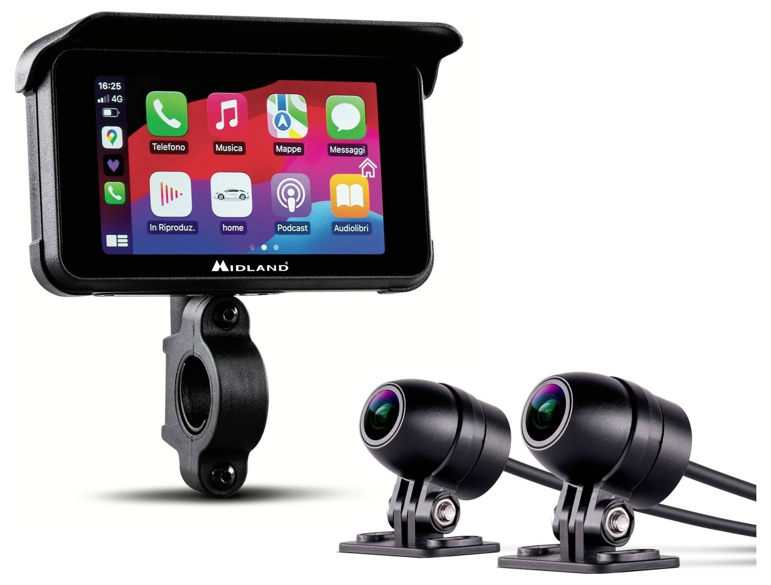 Un sistema di dashcam per moto con due telecamere e un display che mostra app come telefono e navigazione.