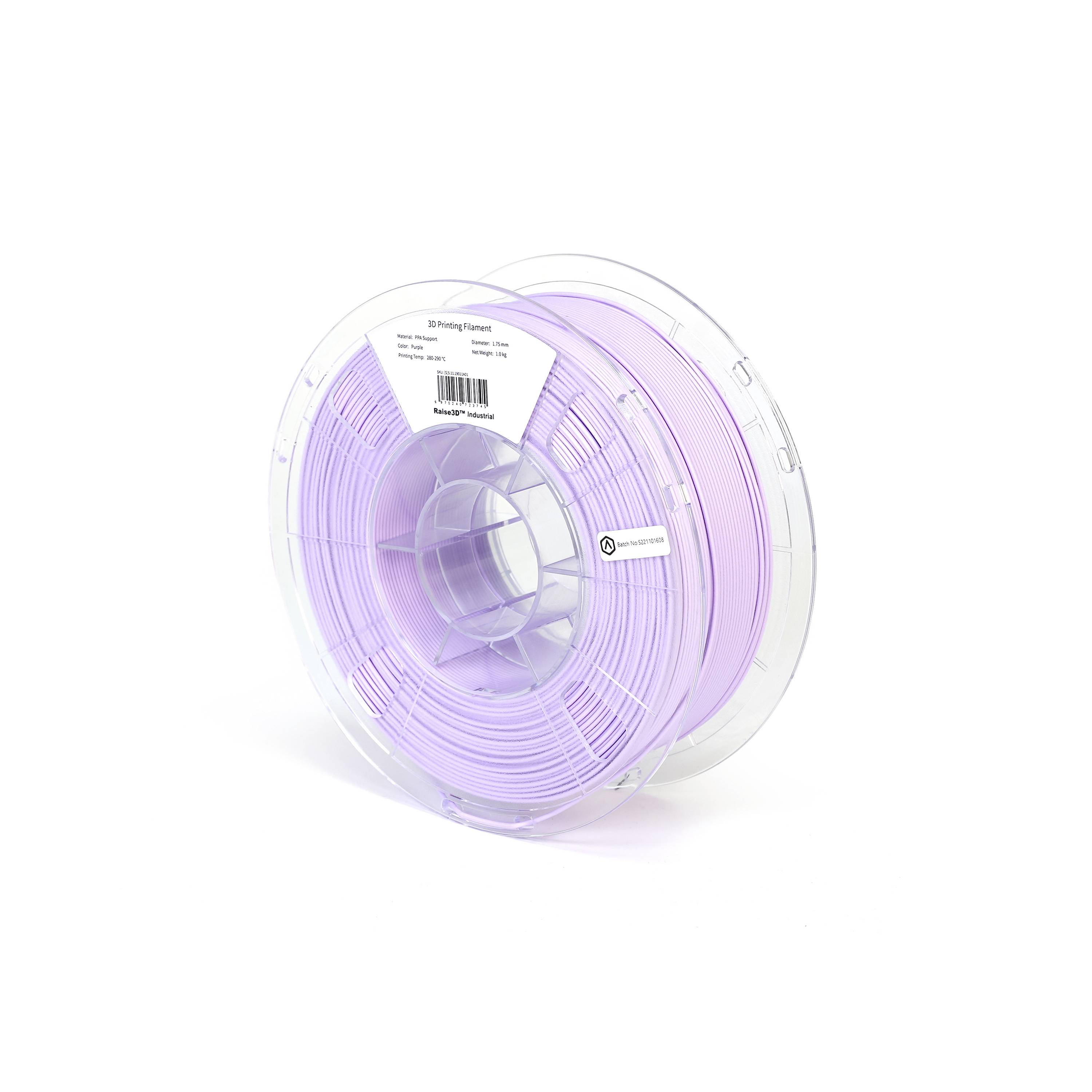Un rotolo di filamento per stampante 3D viola, etichettato con specifiche del prodotto, su sfondo bianco.