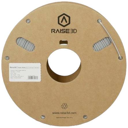 Un rocchetto rotondo con filamento grigio per stampante 3D, marca 'RAISE3D', con logo e sito web stampati sull'etichetta in basso.