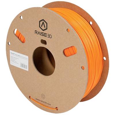 Una bobina di filamento Raise3D arancione per stampanti 3D, su un supporto di cartone marrone con finestre trasparenti.