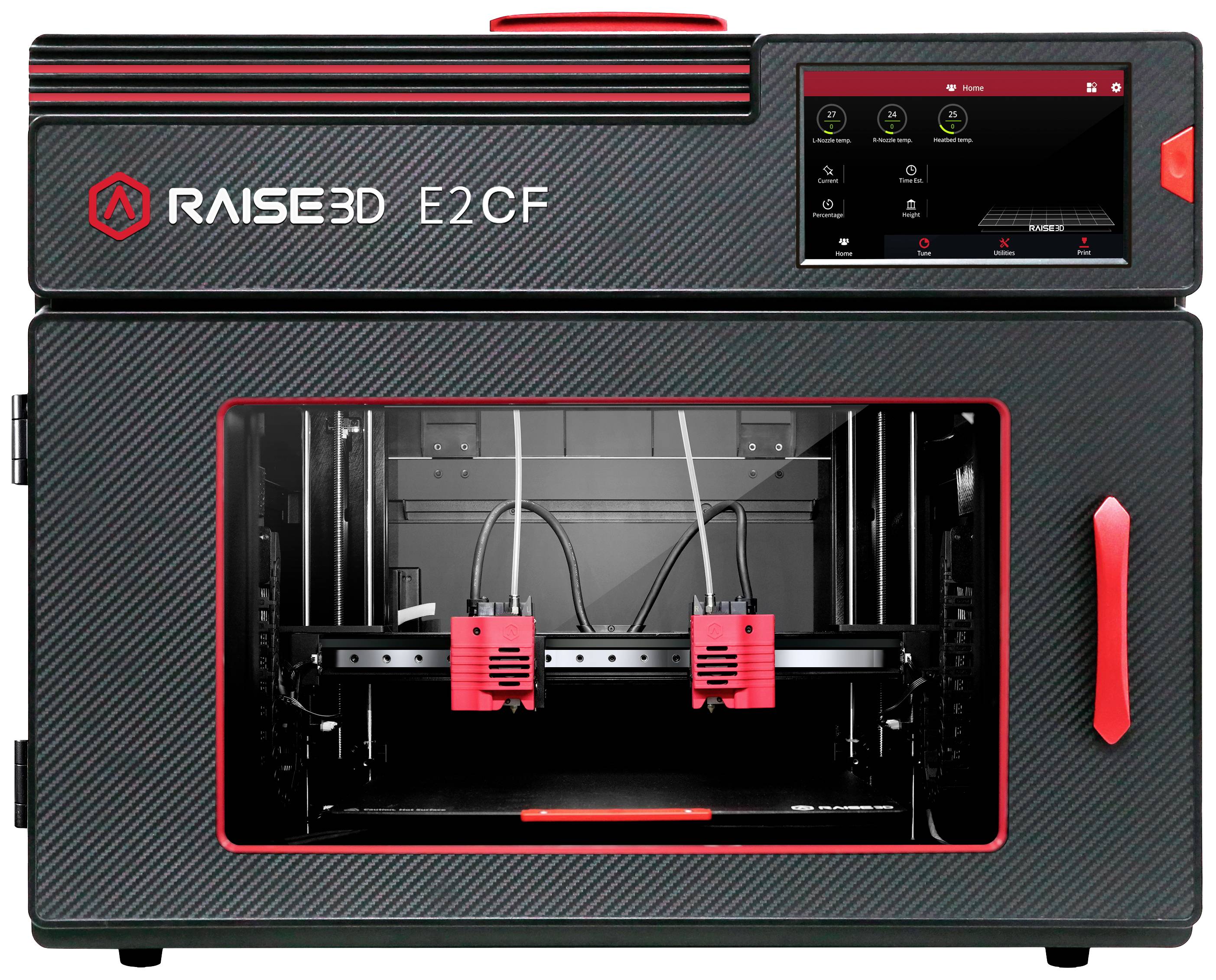 Un stampante 3D Raise3D E2CF, con involucro nero e dettagli rossi. L'interno visibile mostra due teste di stampa in posizione di riposo.