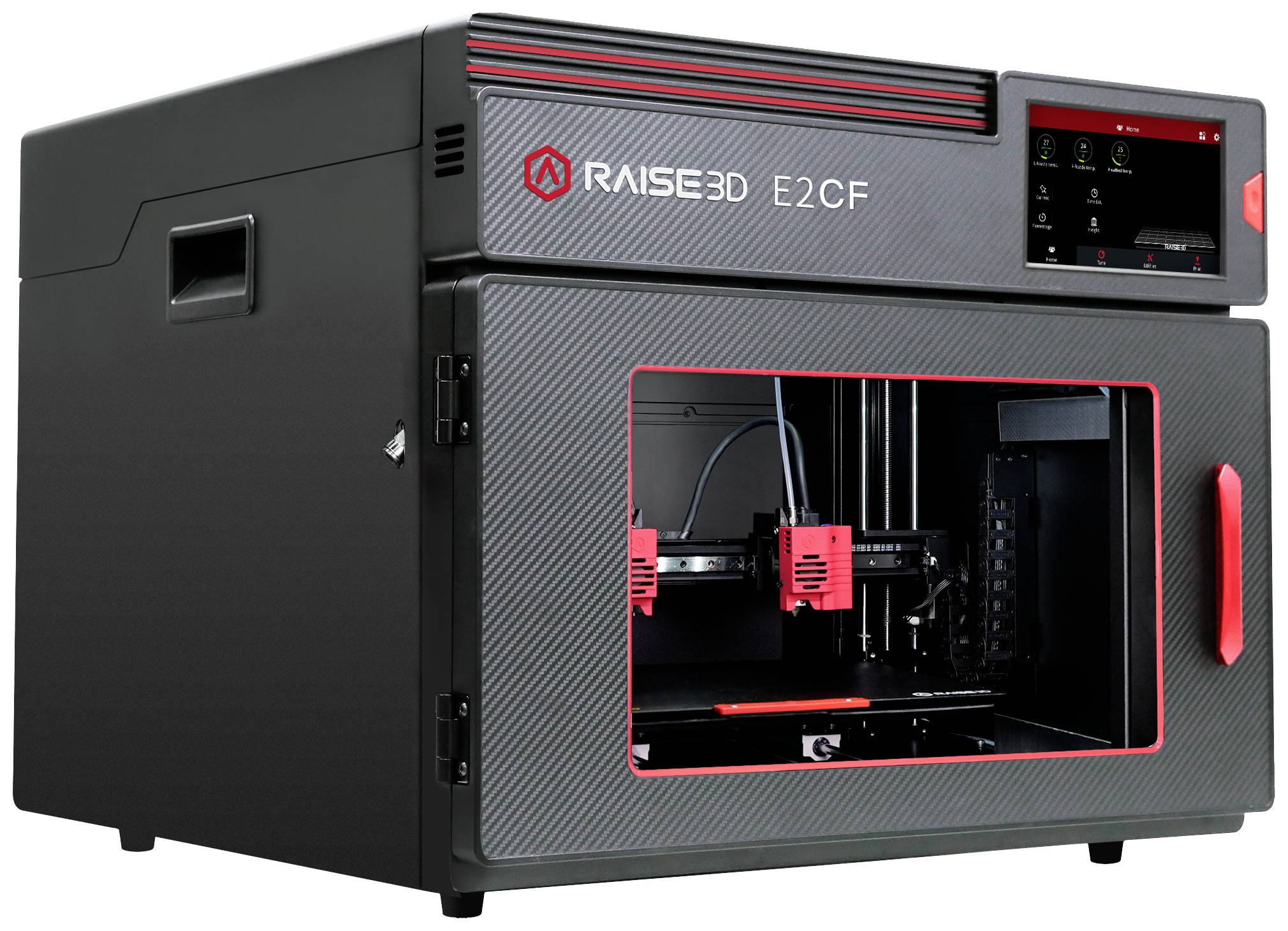 Stampante 3D Raise3D E2CF in involucro nero, con accento rosso. Lo sportello frontale è aperto e mostra l'area di stampa con due estrusori.