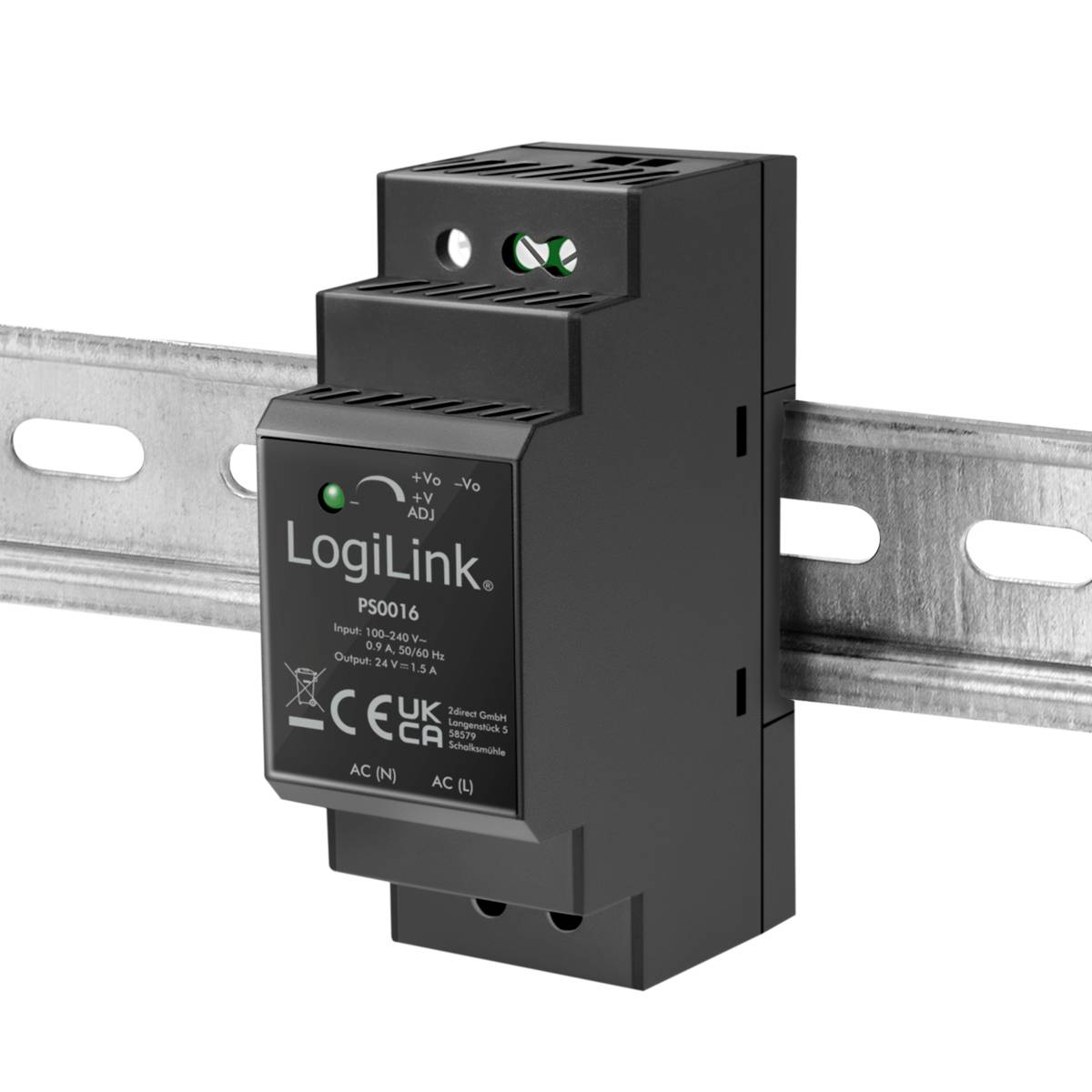 Un alimentatore nero LogiLink, modello PS0016, montato su una guida DIN. Mostra specifiche di potenza e il marchio CE.