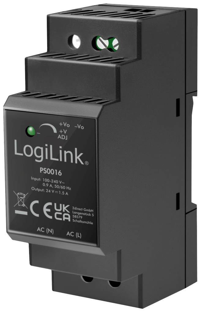 Un modello di alimentatore nero LogiLink PS0016 con ingresso da 100-240V e uscita da 24V/1,5A. Mostra le certificazioni CE e UKCA.
