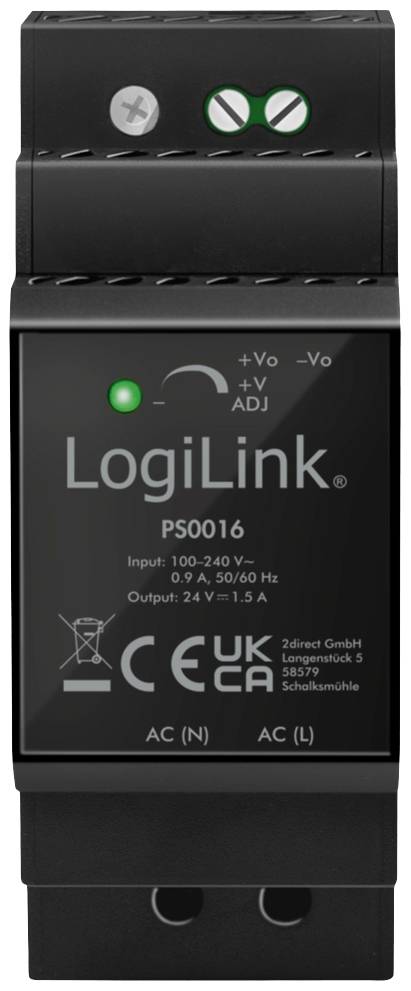 Alimentatore nero di LogiLink con indicatore luminoso verde, modello PS0016. Range di ingresso 100-240 V~, uscita 24 V, 1,5 A. Marchio CE e UKCA.
