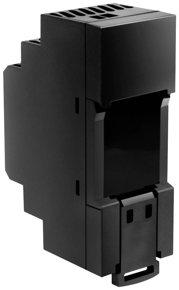 Un involucro nero rettangolare per guide DIN, idoneo per applicazioni industriali, con feritoie di ventilazione sulla parte superiore.
