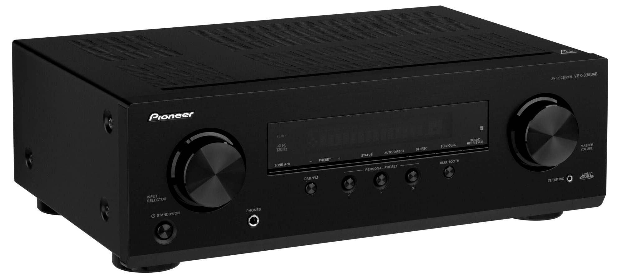 Ricevitore AV Pioneer nero con due grandi manopole di regolazione, diversi tasti e ingressi sul pannello frontale, ideale per home theater.