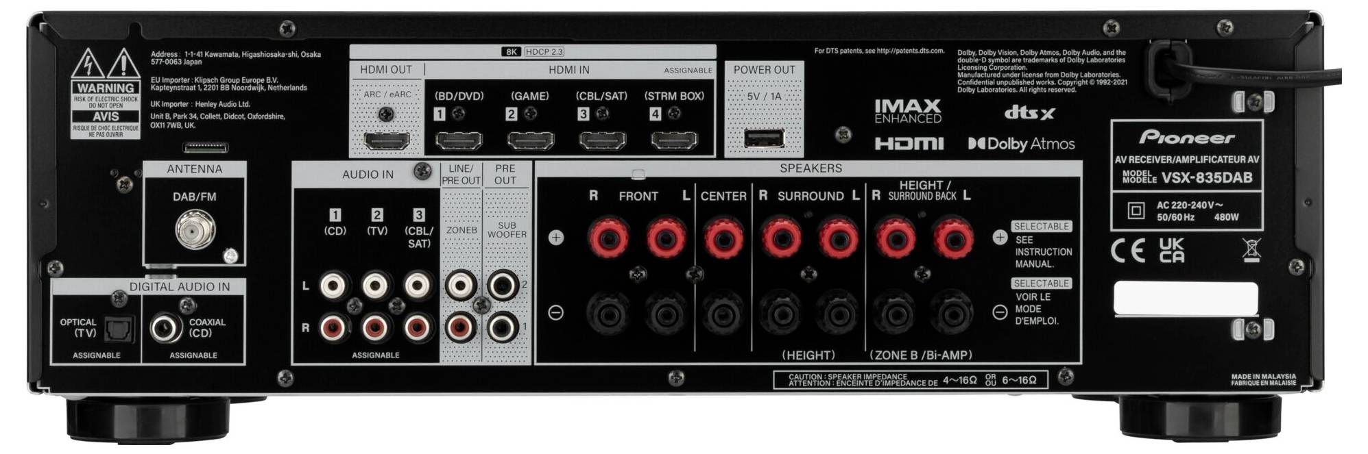 Retro di un ricevitore audio con numerose porte di connessione: HDMI, attacchi per altoparlanti, ingressi digitali e analogici, USB.