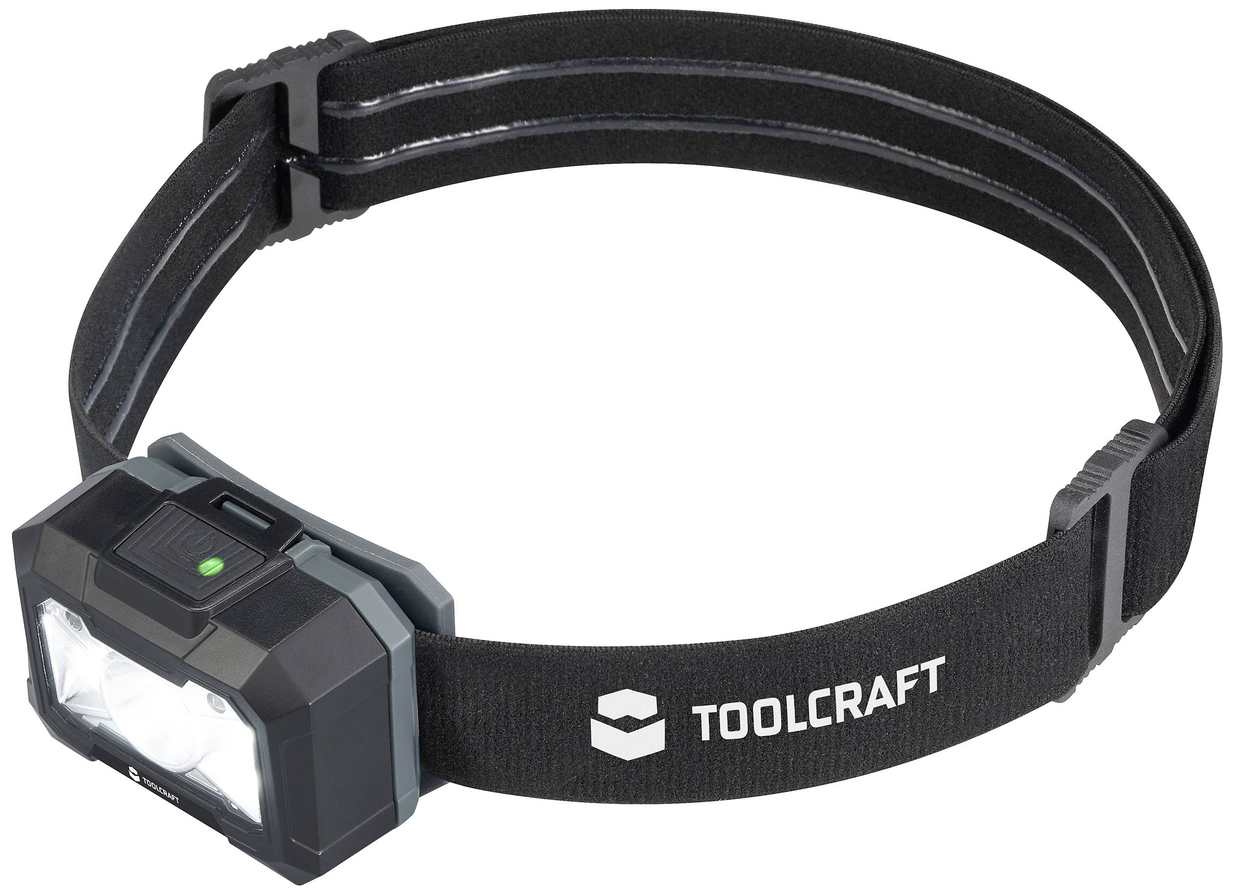 Lampada frontale 'Toolcraft' con fascia regolabile nera, ampio faro anteriore e spia di controllo verde, ideale per lavori a mano libera.