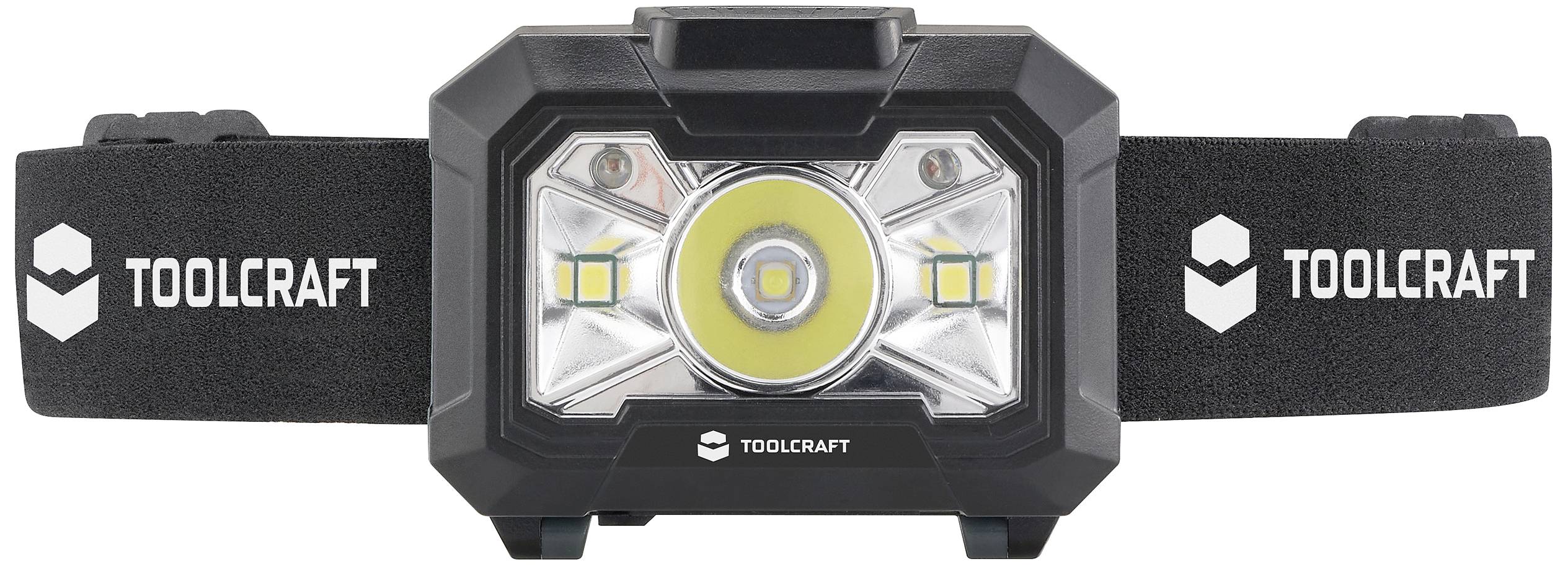 Lampada frontale 'Toolcraft' con fascia elastica, illuminazione LED centrale, contornata da LED più piccoli, ideale per lavori che richiedono mani libere.