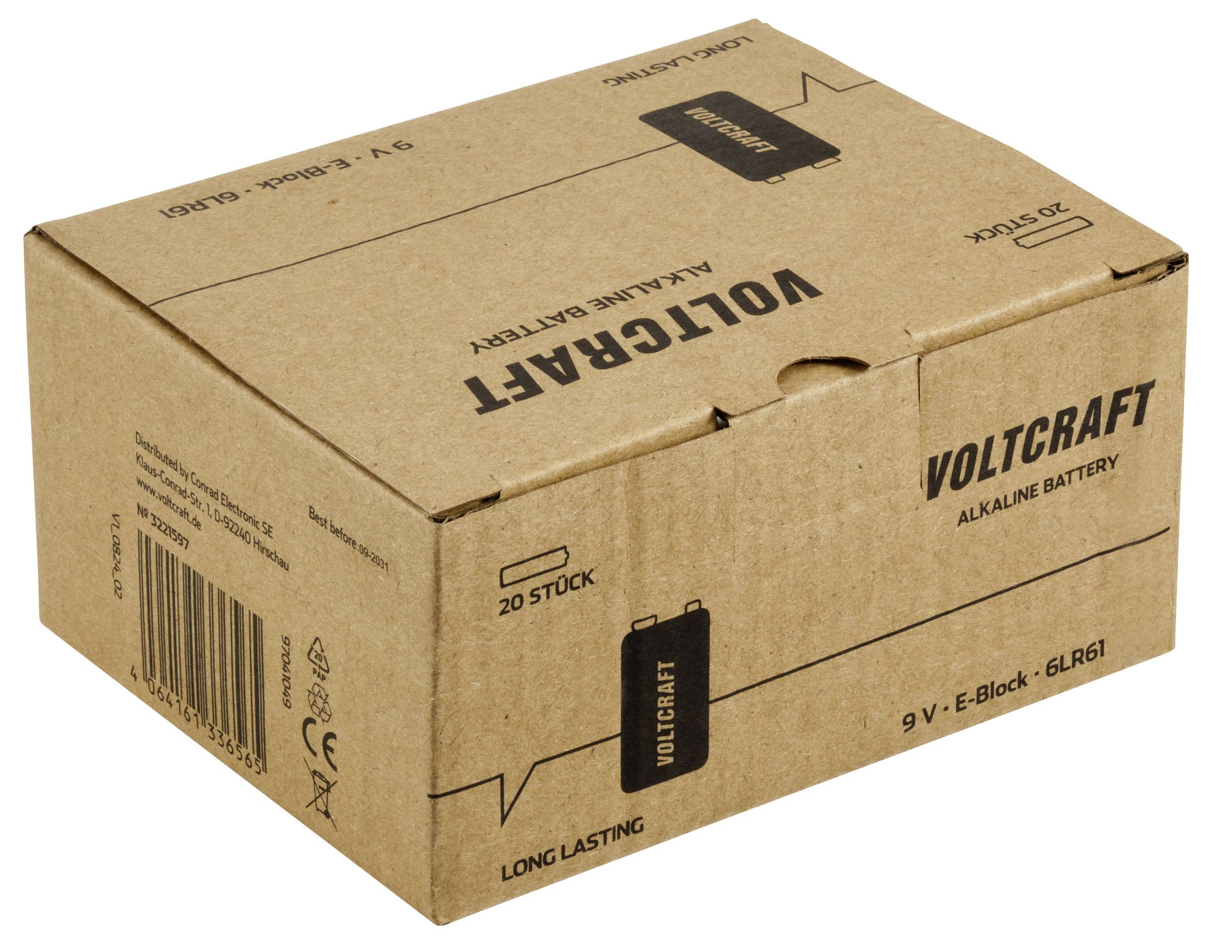 Confezione di cartone per 20 batterie alcaline Voltcraft, 9V blocco E, 6LR61, con scritta 'Long Lasting'.