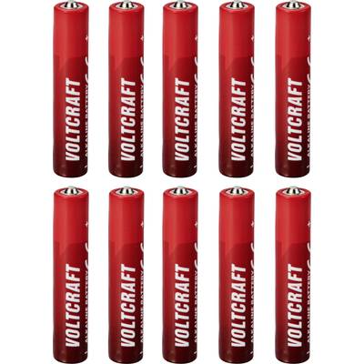 Dieci batterie AA rosse Voltcraft disposte su due file.