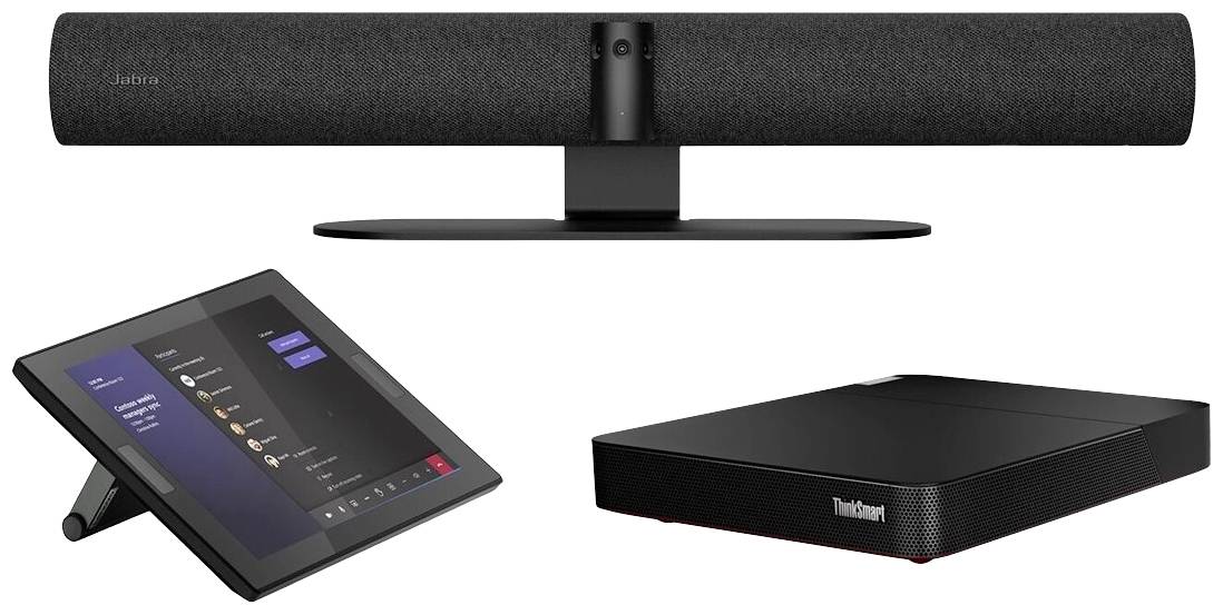 Un sistema audio per sala conferenze con soundbar, pannello touchscreen e un involucro piatto per computer.