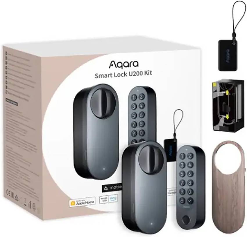 Kit Aqara Smart Lock U200 con scatola, due serrature per porta, un portachiavi e accessori; compatibile con Apple Home.