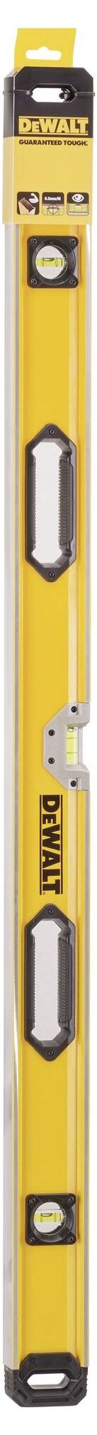 Livella a bolla di colore giallo con dettagli neri, con il marchio 'DeWalt' in alto. Viene utilizzata per livellare superfici.