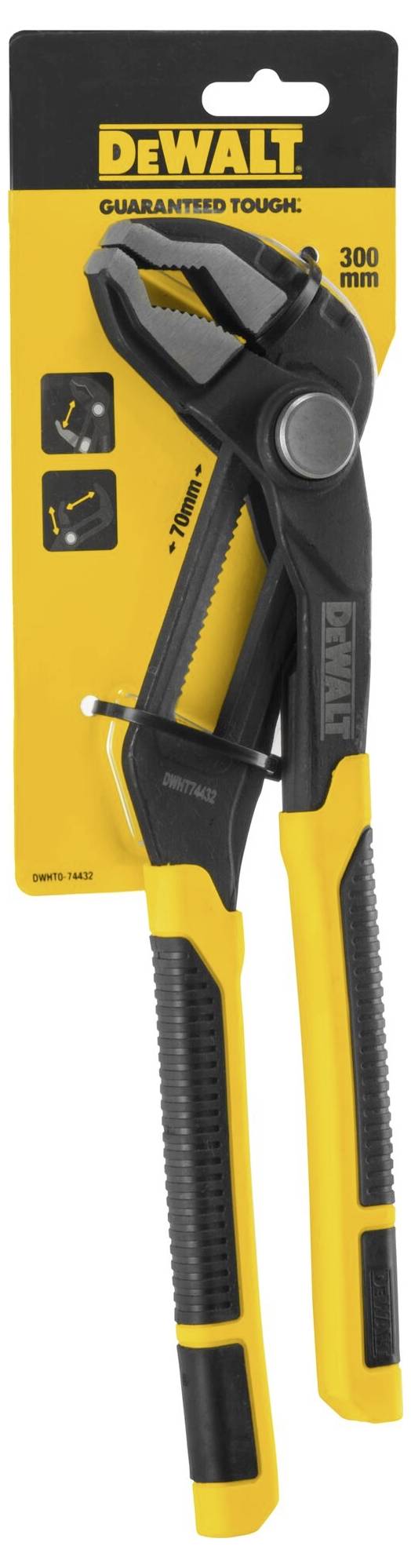 Primo piano di un imballaggio giallo con una grande pinza per acqua nera del marchio DeWalt, contrassegnata con la scritta 'Garantito Resistente'.