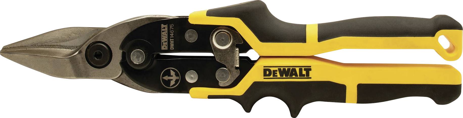 Una forbice gialla e nera per lamiera DeWalt, adatta al taglio di lamiere metalliche.