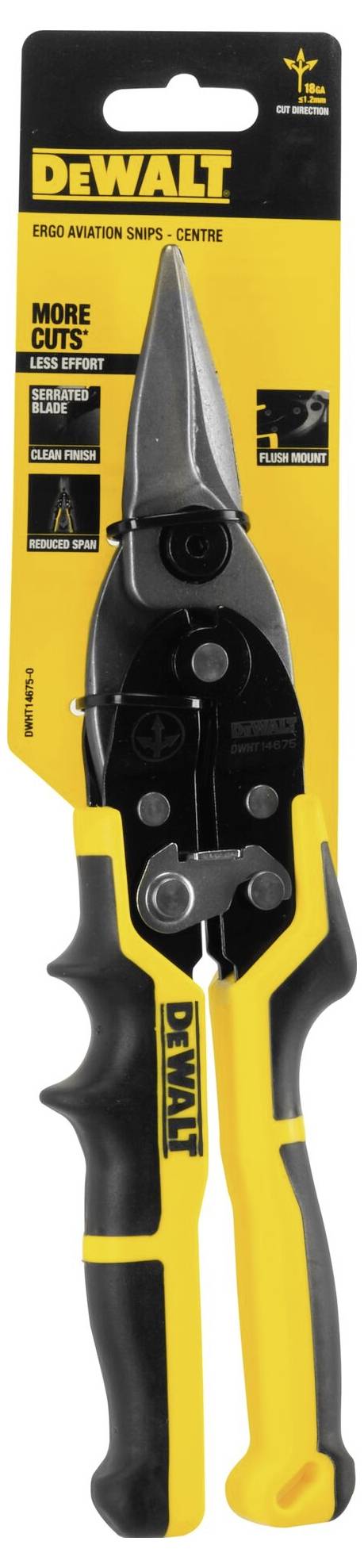 Un paio di forbici da lamiera gialle e nere di Dewalt con impugnatura ergonomica. La confezione mostra il marchio, i dettagli del prodotto e le applicazioni.