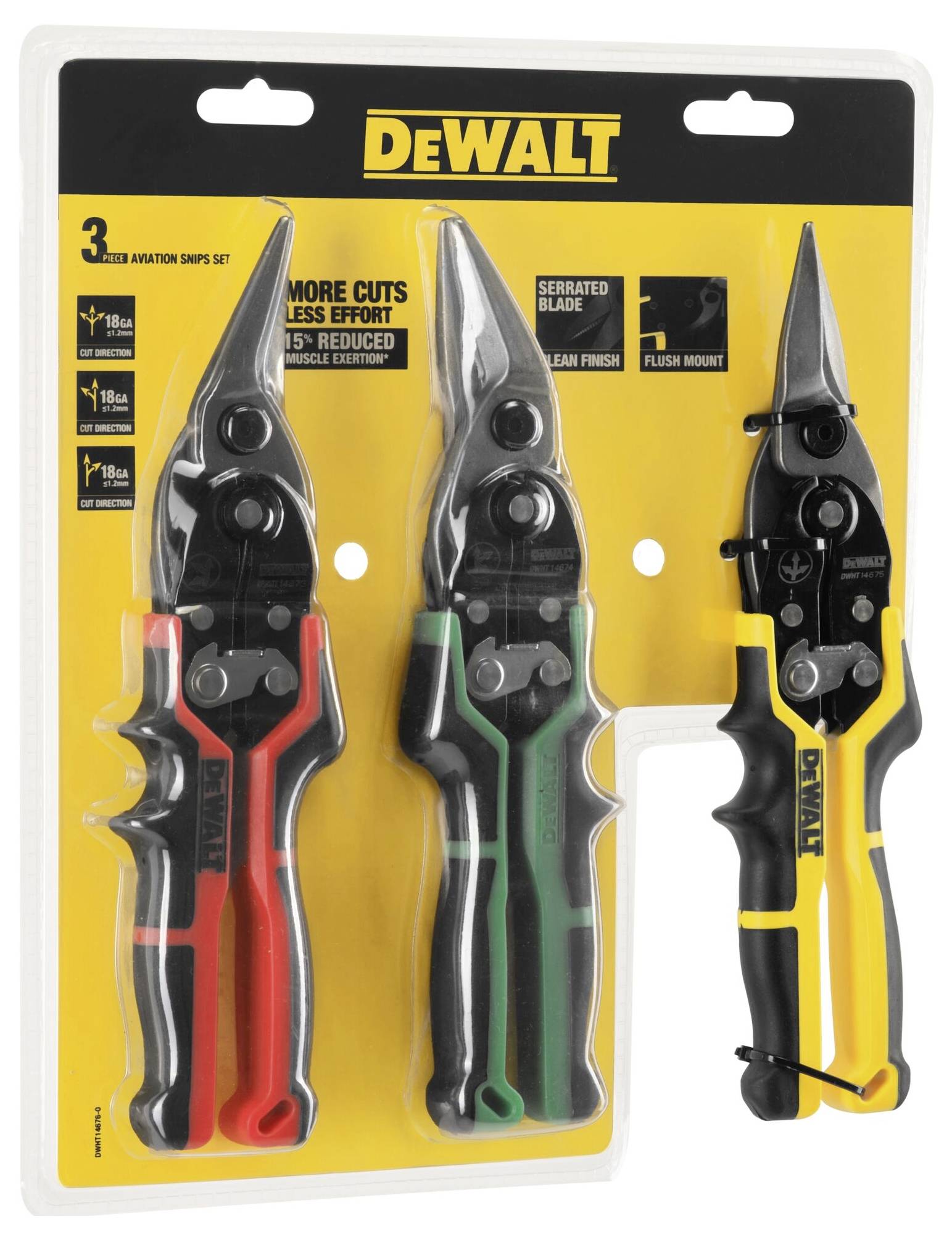 'Set di forbici a tre fili DeWalt, con sfondo giallo, con impugnature rosse, verdi e gialle. Scritta: Più tagli, meno fatica.'