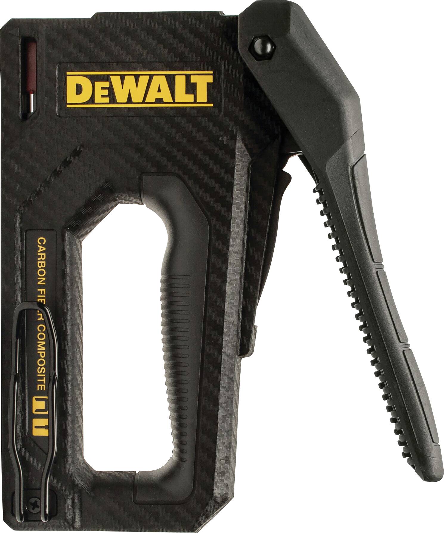 Pistola sparachiodi nera con logo giallo 'DeWalt'. Design ergonomico, impugnatura a leva sul lato destro, adatta per lavori edili e artigianali.