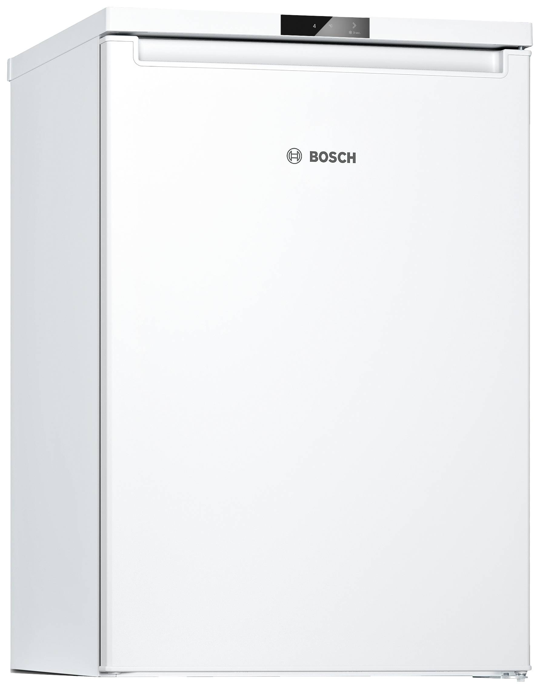 Frigorifero Bosch bianco, di forma rettangolare con parte anteriore piatta.