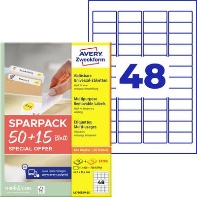 'Sparpack 50+15 Fogli', etichette removibili, Avery Zweckform. Inchiostro, laser b/n, laser a colori, fotocopiatrice. 48 etichette per foglio.