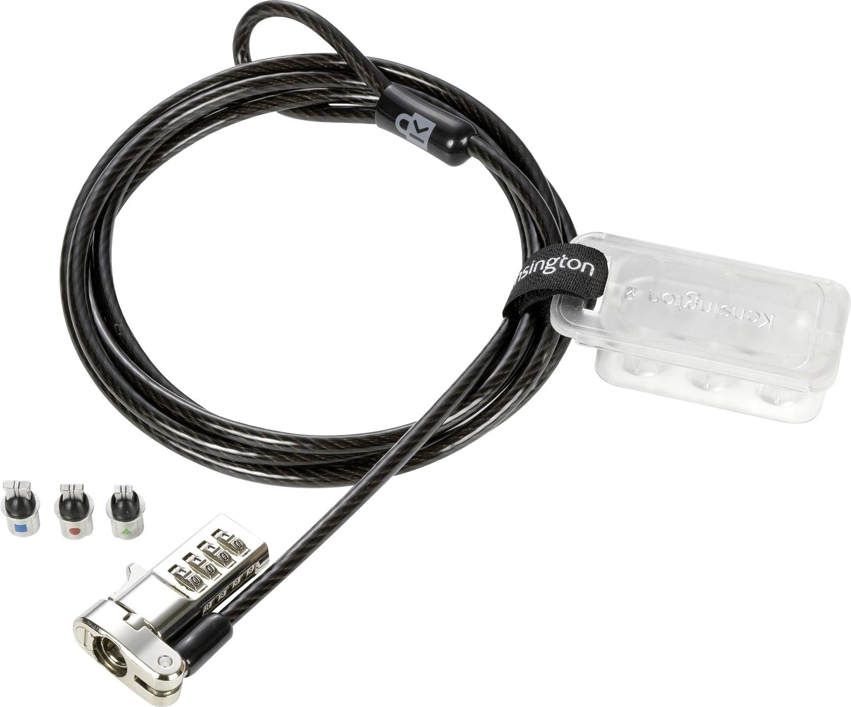 Un lucchetto di sicurezza con combinazione numerica e custodia trasparente in plastica, adatto a proteggere laptop o altri dispositivi.