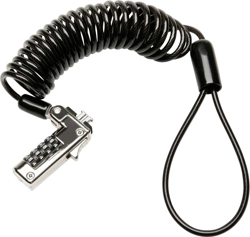 Un lucchetto a spirale nero con cavo di sicurezza, dotato di combinazione numerica e cappio, per mettere in sicurezza dispositivi.