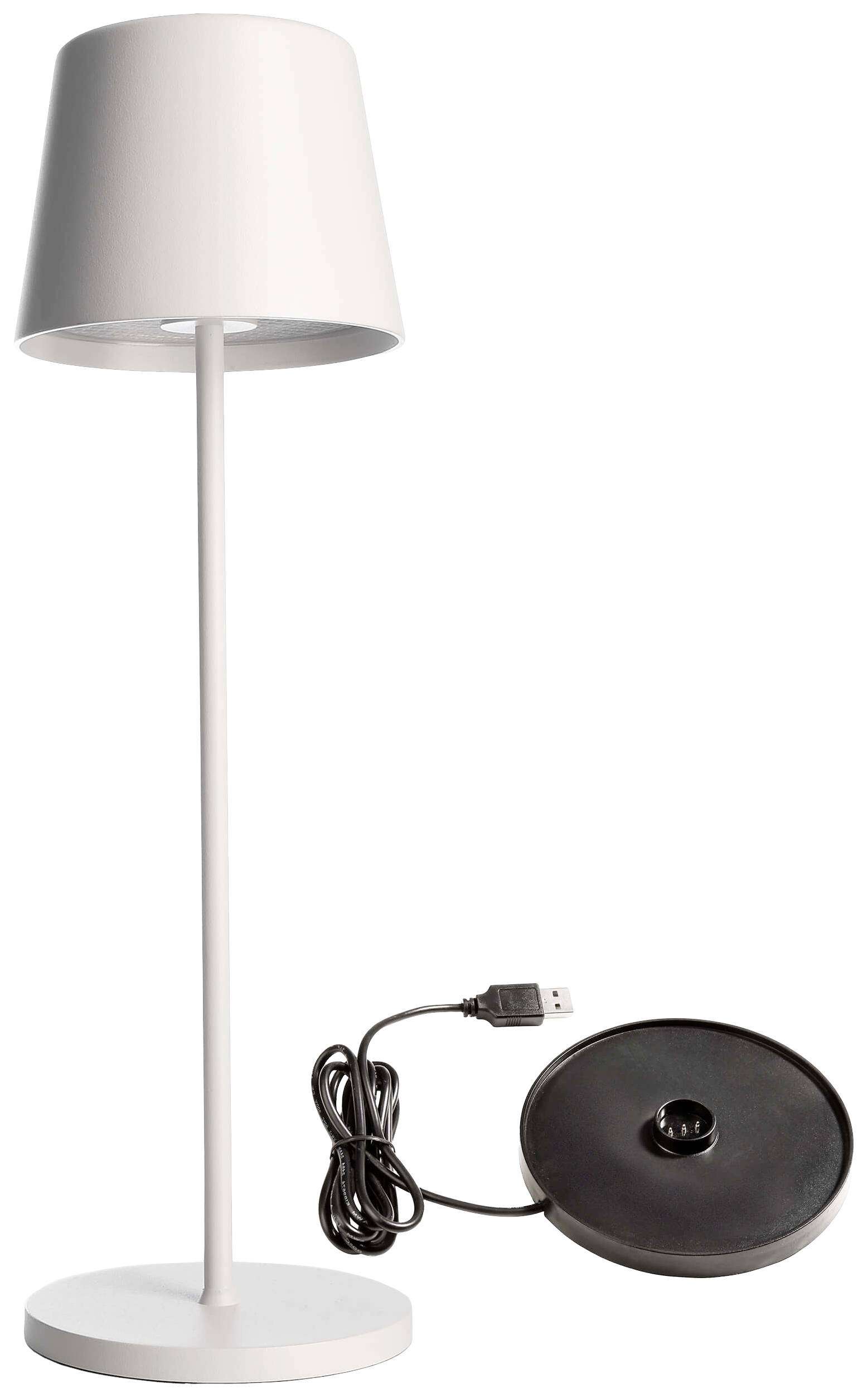 Lampada da tavolo bianca, snella, con base rotonda, cavo USB e interruttore nero.