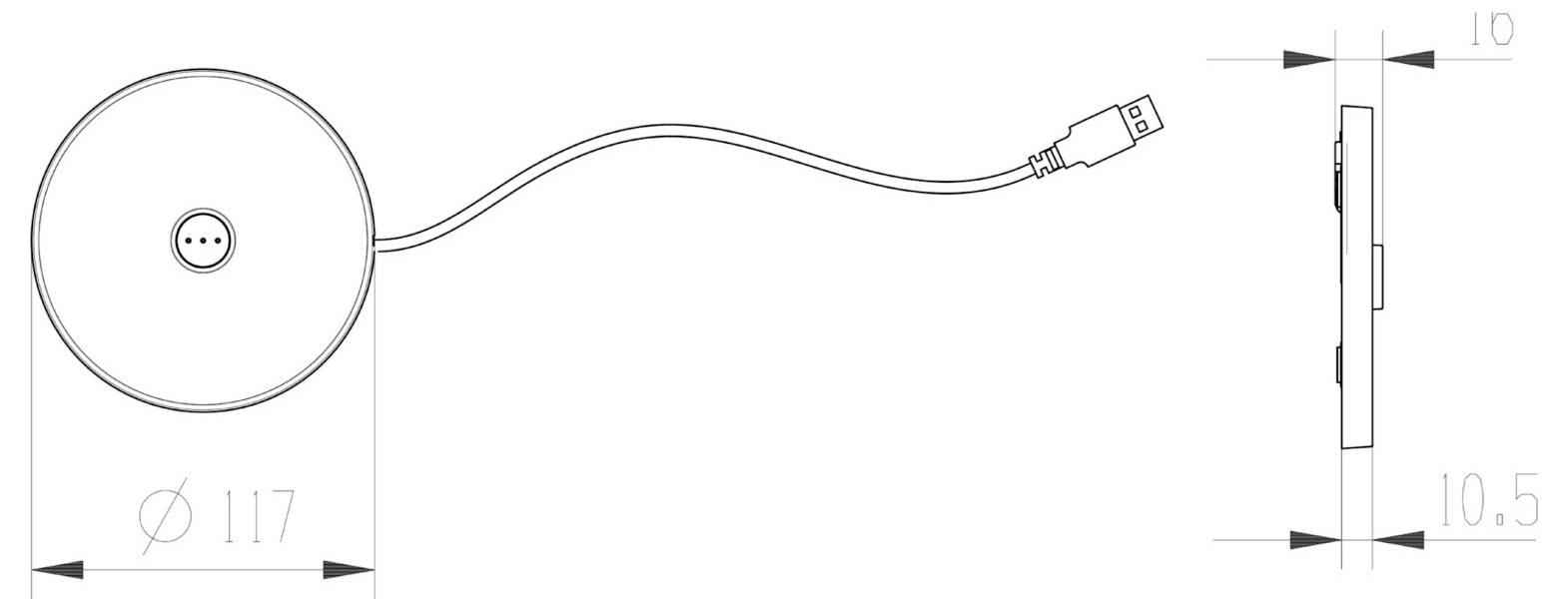 Disegno tecnico di un dispositivo rotondo con cavo e spina USB, che mostra viste frontale e laterale con dimensioni di 117 mm di diametro e 10,5 mm di spessore.