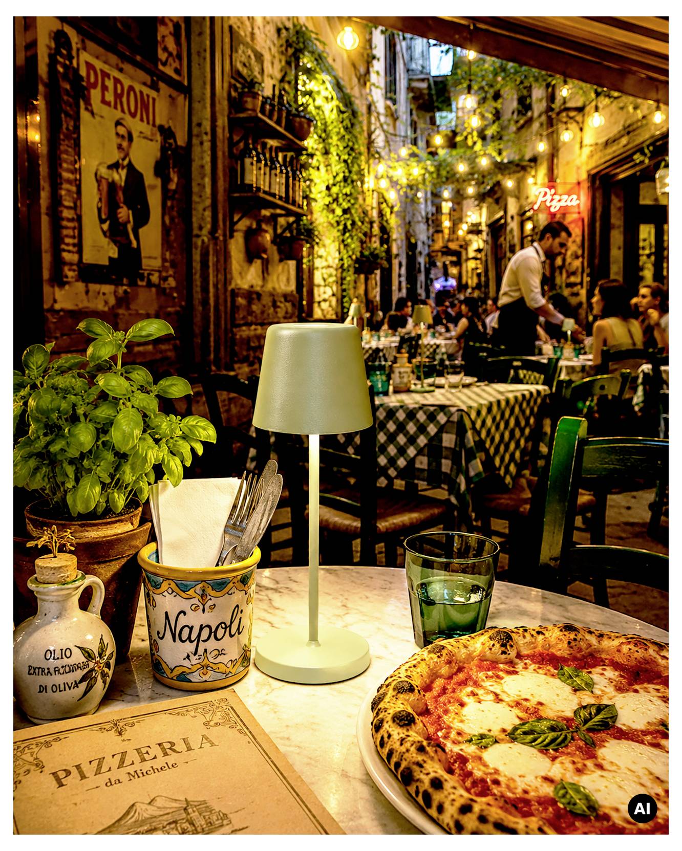 Tavolo da pizzeria all'aperto con pizza margherita, lampada, bevanda e menu in primo piano; sullo sfondo, una scena di cena animata in un vicolo illuminato con calore.