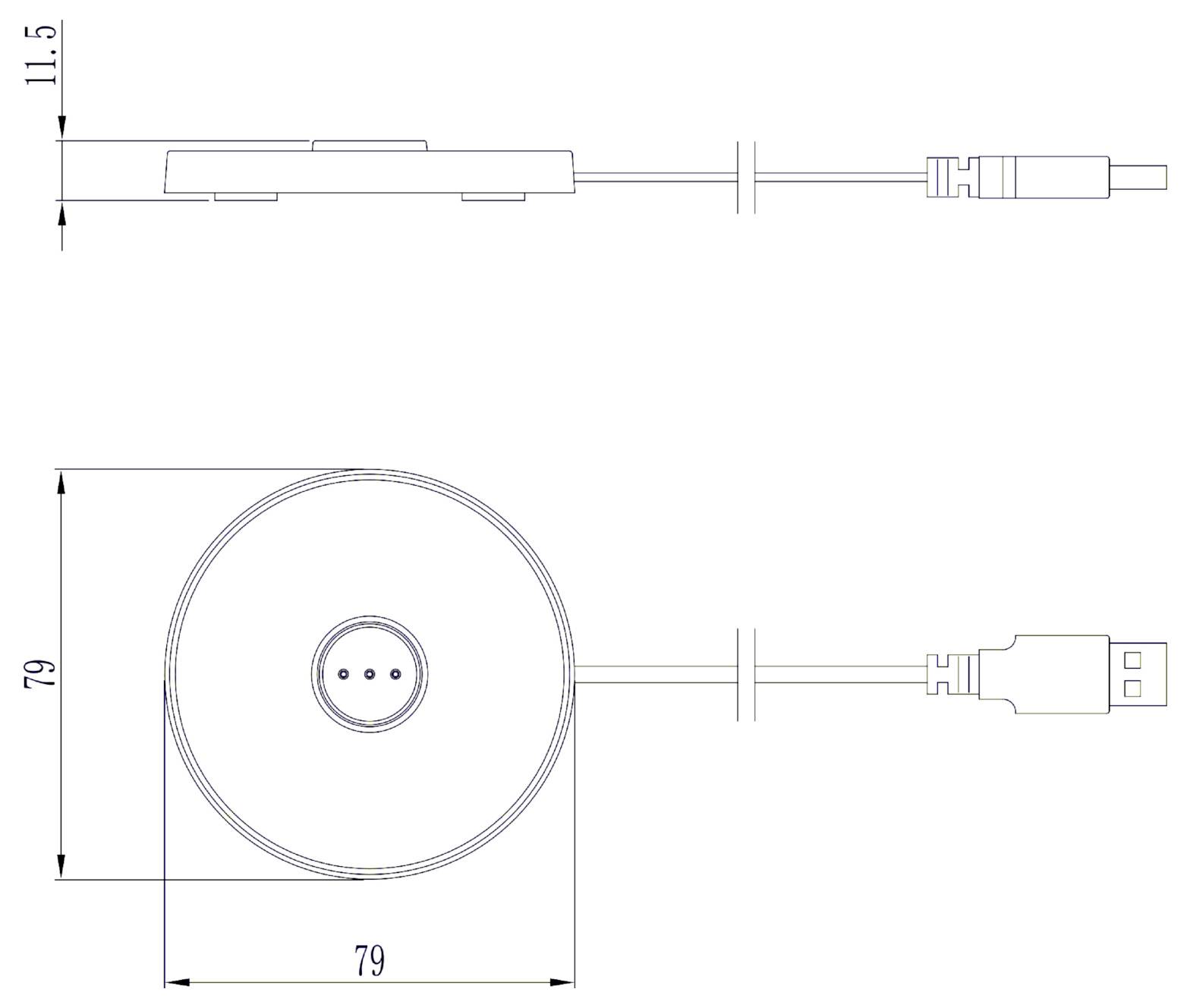 Disegno tecnico a tratto di un dispositivo USB rotondo: viste dall'alto e laterale con dimensioni di 79 mm di diametro e 11,5 mm di spessore, che mostrano il cavo collegato e la spina USB.