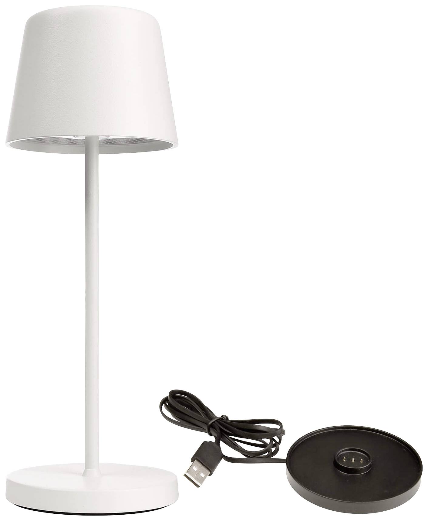 Lampada da tavolo a LED bianca con cavo USB e base di ricarica nera, adatta per ambienti di lavoro moderni o comodini.