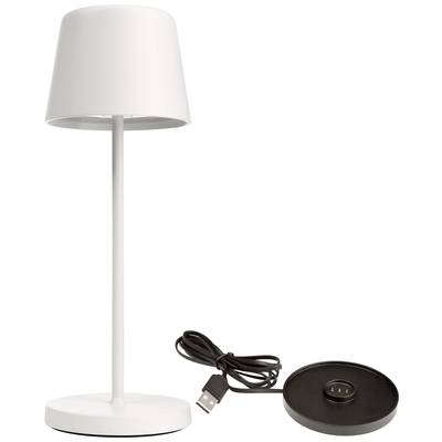 Lampada da tavolo a LED bianca con cavo USB e base di ricarica nera, adatta per ambienti di lavoro moderni o comodini.