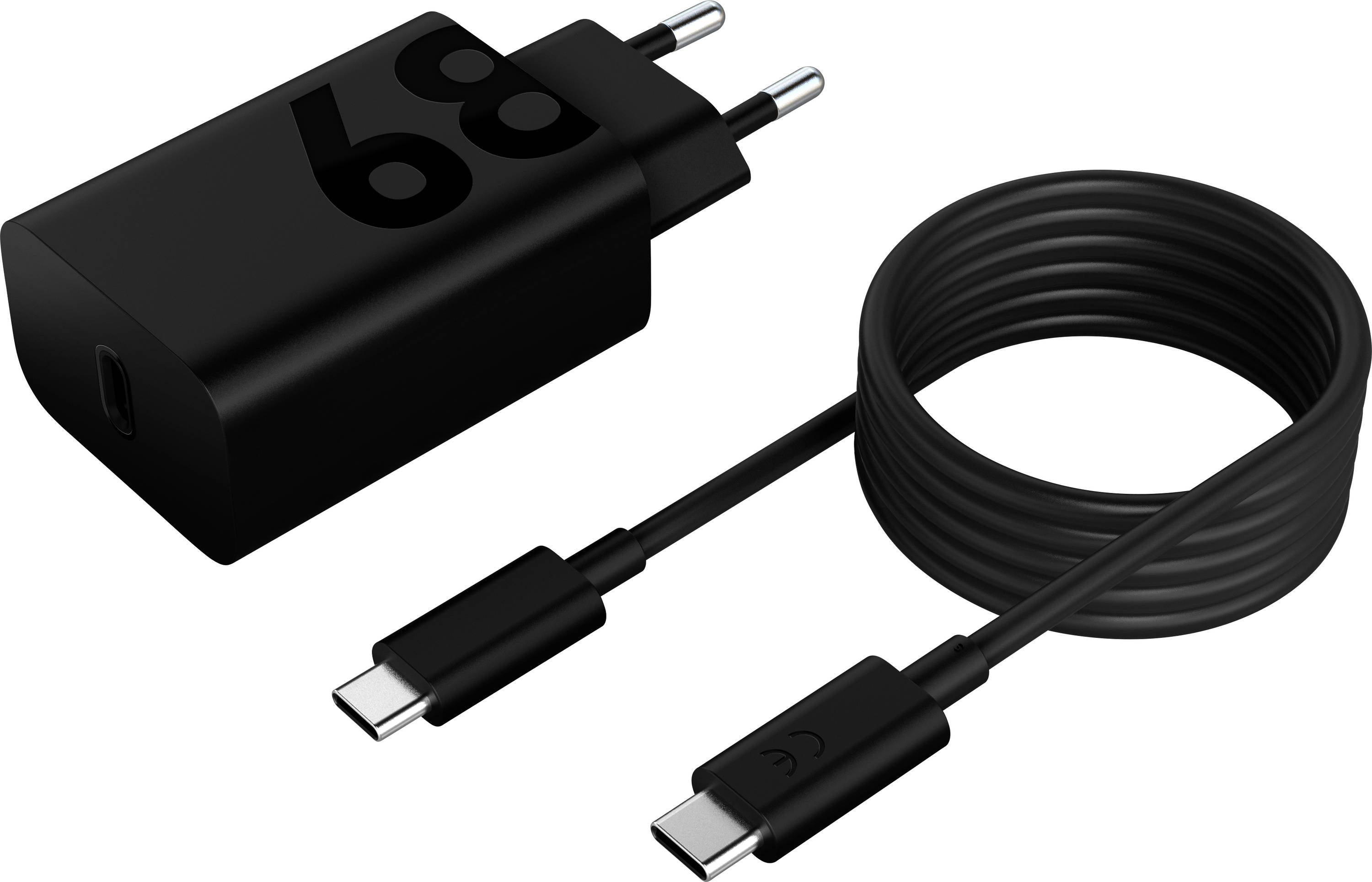 Un caricabatterie nero con porta USB-C e un cavo di ricarica corrispondente. Il caricabatterie mostra il numero '68'.