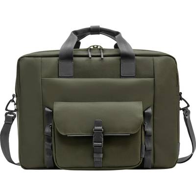 Una borsa per laptop verde oliva con più scomparti e un manico, adatta al trasporto di elettronica e accessori.