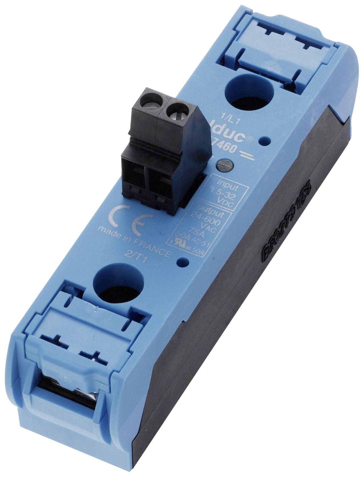 Dispositivo blu con connettore nero. Specifiche tecniche: 12/24V, 0,8A. Fabbricato in Francia. Nome del marchio 'adduc' visibile.
