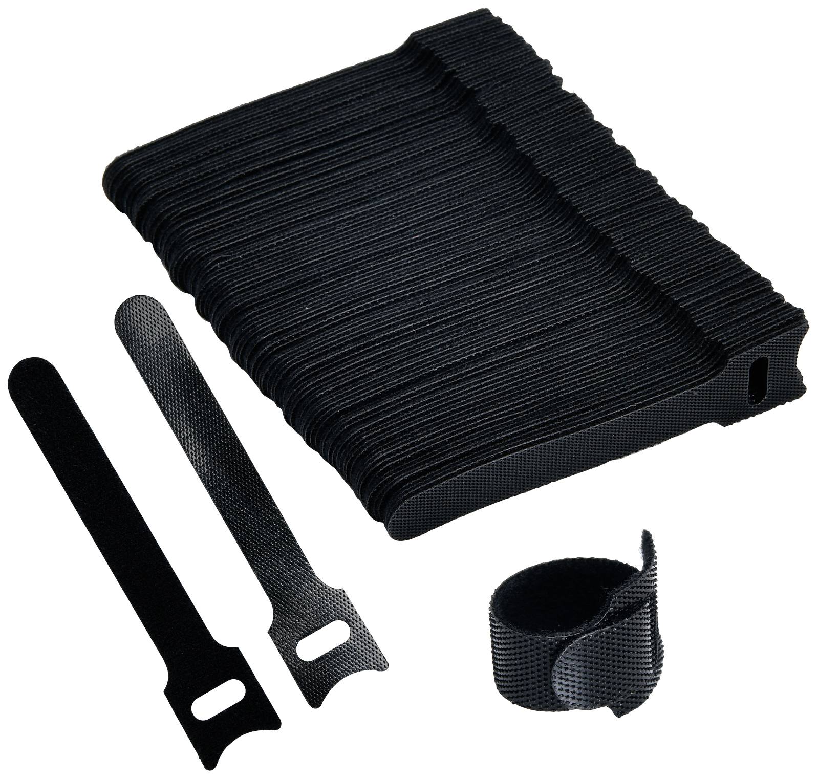 Un set di fascette a velcro nere di diverse lunghezze. Ideale per raggruppare cavi e organizzare dispositivi elettronici.