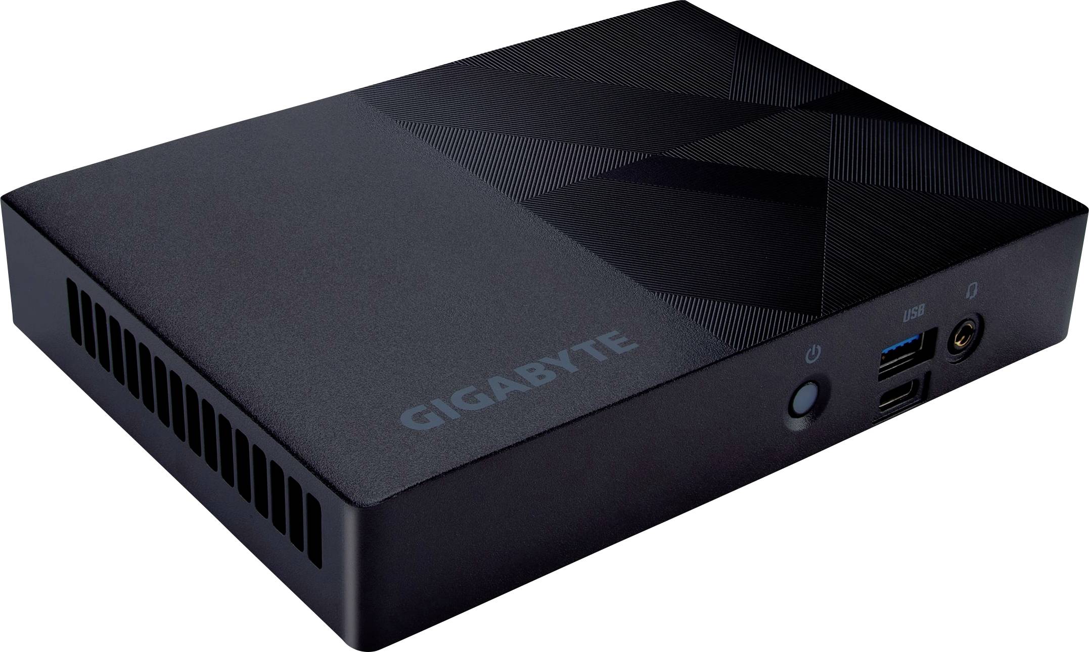Mini PC compatto nero di Gigabyte con fessure di ventilazione sui lati e porte USB e audio frontali.