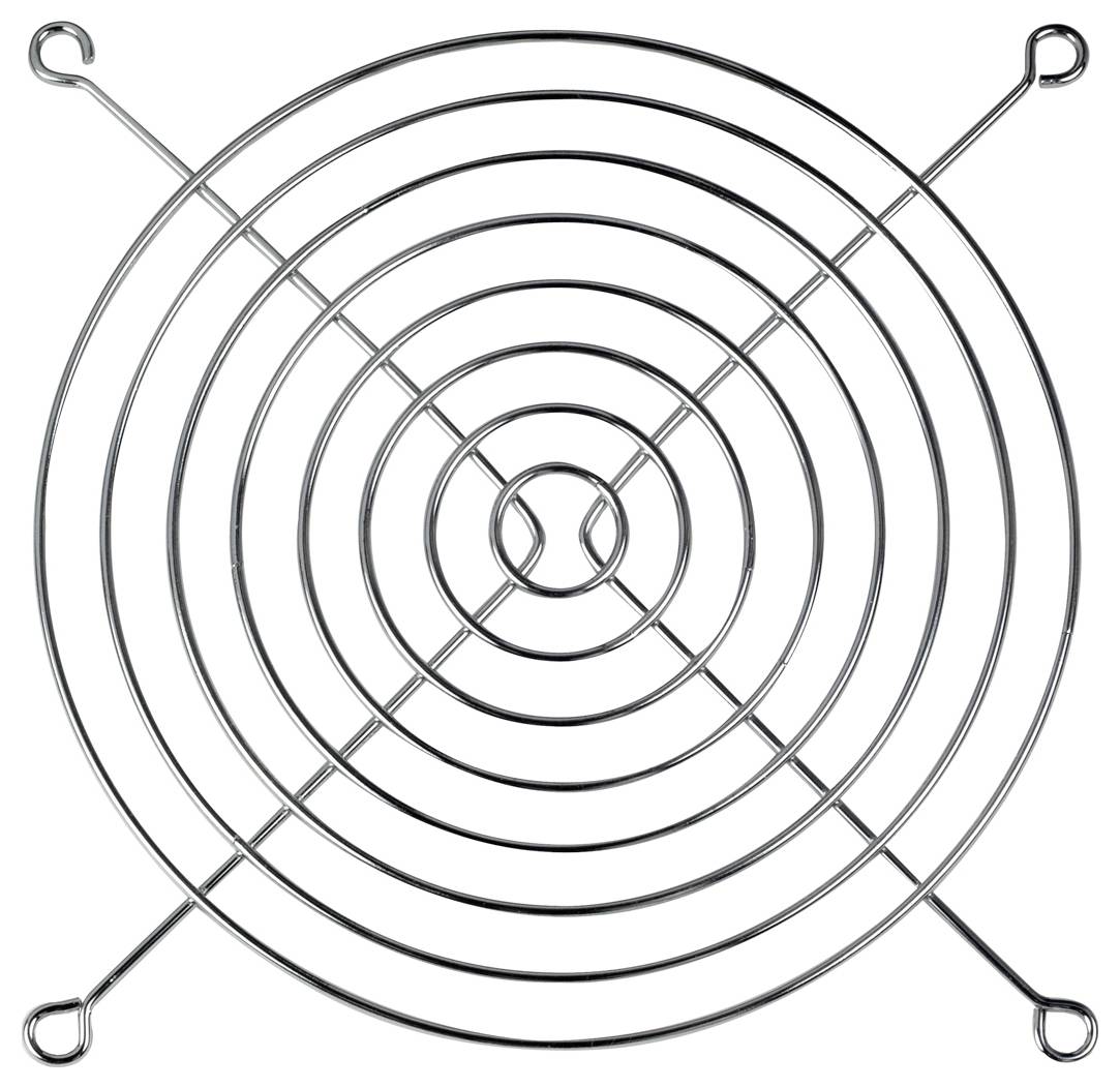 Griglia del radiatore in metallo con anelli concentrici e quattro punti di fissaggio agli angoli.