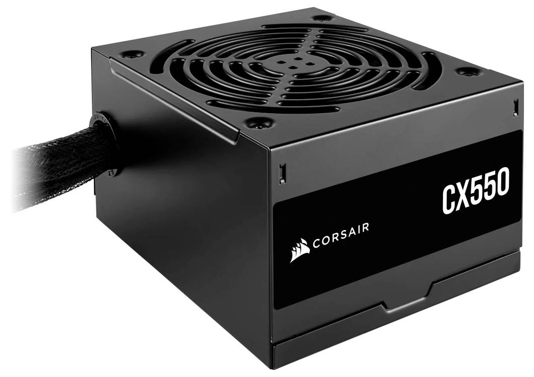 Alimentatore PC Corsair CX550 in nero con griglia di ventilazione. Ideale per l'alimentazione di computer.