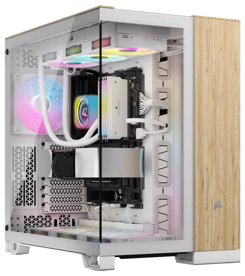Un case per computer con finestra laterale mostra ventole e cavi che brillano di colori all'interno. Dotazione moderna e di stile.